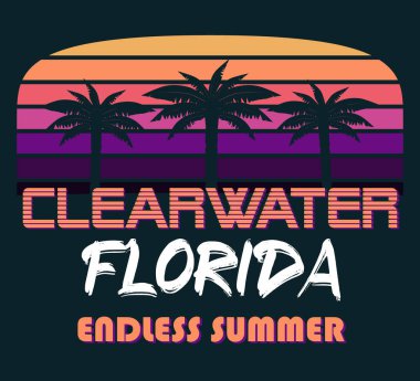 Clearwater Florida T-Shirt grafiği, parmak izleri. 90 'ların klasik amblemi. Geçmişe yolculuk sahnesi, alışılmadık bir rozet. Sörf Macerası Etiketi. Stok vektörü.