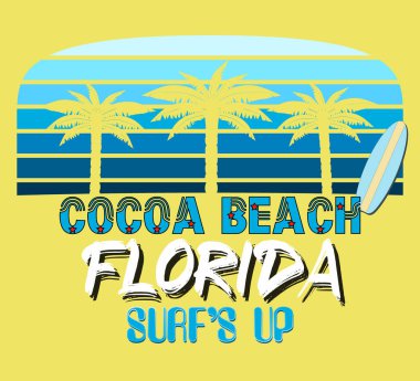 Tişört için Cocoa Beach Florida grafiği, parmak izleri. 90 'ların klasik amblemi. Geçmişe yolculuk sahnesi, alışılmadık bir rozet. Sörf Macerası Etiketi. Stok vektörü.