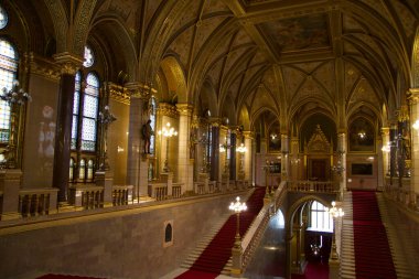 BUDAPEST, HUNGARY - MARCH 03, 2019: Magnificent staircase and dome inside the Budapest Parliament Building and seat of the Government of Hungary.