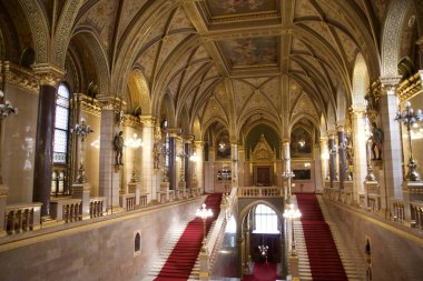 BUDAPEST, HUNGARY - MARCH 03, 2019: Magnificent staircase and dome inside the Budapest Parliament Building and seat of the Government of Hungary.