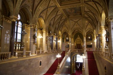 BUDAPEST, HUNGARY - MARCH 03, 2019: Magnificent staircase and dome inside the Budapest Parliament Building and seat of the Government of Hungary.