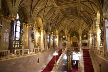 BUDAPEST, HUNGARY - MARCH 03, 2019: Magnificent staircase and dome inside the Budapest Parliament Building and seat of the Government of Hungary.
