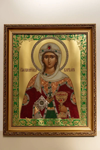 stock image Traditional icon of Saint Barbara the Great Martyr in a golden frame. Church of Saint Panteleimon the Healer, Khmelnitsky, Ukraine - 27 november 2021 