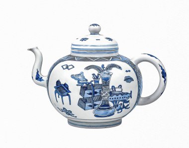 Beyaz arka planda mavi ve beyaz porselen çaydanlık.