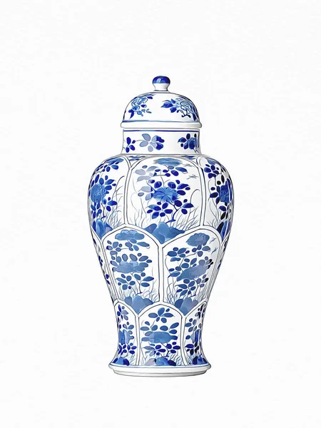 stock image Blue and white chinese porcelain Ginger Jars on white background.