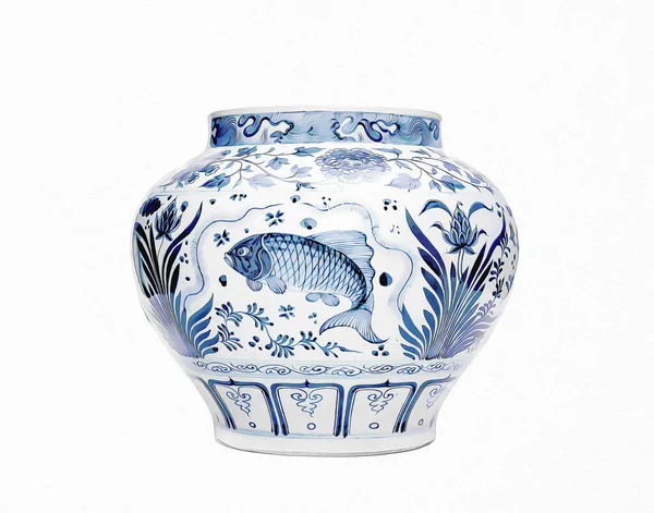 Vaso Porcelana Chinesa Azul Branca Sobre Fundo Branco — Fotografia de Stock