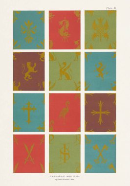 Ortaçağ tasarımları. Sembolik, Heraldik ve süssel tozlar koyu zeminde altın üzerine.