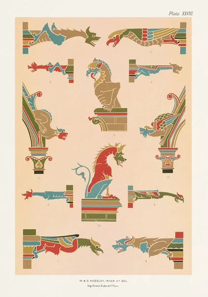 Μεσαιωνικά Σχέδια Ζωικά Στολίδια Δράκοι Και Πουλιά Πλούσια Χρώματα Και — Φωτογραφία Αρχείου