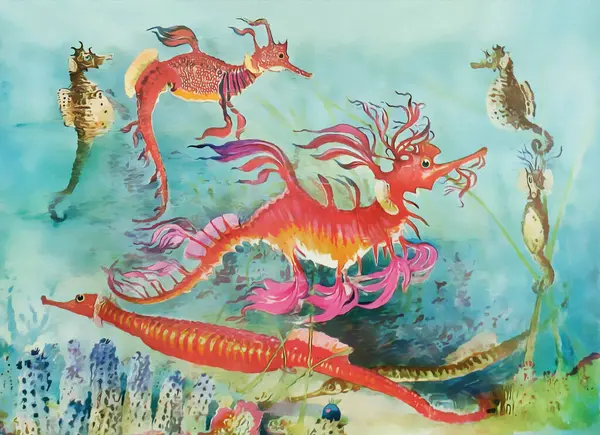 Gorgeous digital paintingl of seahorses and sea dragons in the enchanting underwater wonderland.