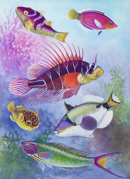 Colorful digital art of vibrant fishes in a magical underwater scene.