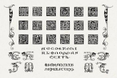 Ortaçağ alfabesinin baş harfleri. Ortaçağ alfabesindeki baş harfleri ve dekoratif unsurları gösteren güzel bir illüstrasyon..