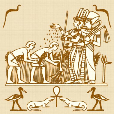 Mısır motifleri ve sembolleri, sepia, siyah ve altın sarısı renkleri ile desenli bir rustik zemine karşı sunulur. Eserler kare biçiminde biçimlendirildi.