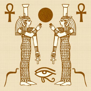 Mısır motifleri ve sembolleri, sepia, siyah ve altın sarısı renkleri ile desenli bir rustik zemine karşı sunulur. Eserler kare biçiminde biçimlendirildi.