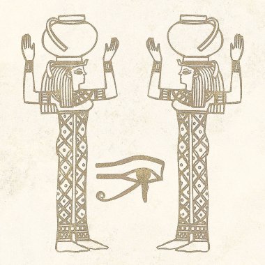 Mısır motifleri ve sembolleri, sepia, siyah ve altın sarısı renkleri ile desenli bir rustik zemine karşı sunulur. Eserler kare biçiminde biçimlendirildi.