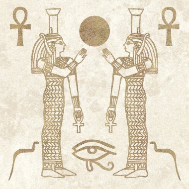 Mısır motifleri ve sembolleri, sepia, siyah ve altın sarısı renkleri ile desenli bir rustik zemine karşı sunulur. Eserler kare biçiminde biçimlendirildi.