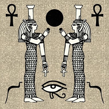 Mısır motifleri ve sembolleri, sepia, siyah ve altın sarısı renkleri ile desenli bir rustik zemine karşı sunulur. Eserler kare biçiminde biçimlendirildi.