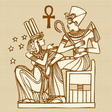 Mısır motifleri ve sembolleri, sepia, siyah ve altın sarısı renkleri ile desenli bir rustik zemine karşı sunulur. Eserler kare biçiminde biçimlendirildi.