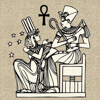 Mısır motifleri ve sembolleri, sepia, siyah ve altın sarısı renkleri ile desenli bir rustik zemine karşı sunulur. Eserler kare biçiminde biçimlendirildi.