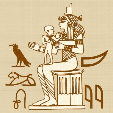 Mısır motifleri ve sembolleri, sepia, siyah ve altın sarısı renkleri ile desenli bir rustik zemine karşı sunulur. Eserler kare biçiminde biçimlendirildi.