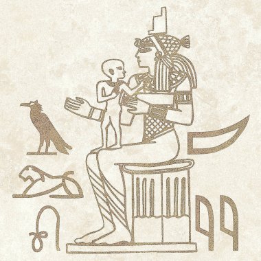 Mısır motifleri ve sembolleri, sepia, siyah ve altın sarısı renkleri ile desenli bir rustik zemine karşı sunulur. Eserler kare biçiminde biçimlendirildi.