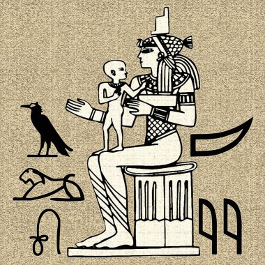 Mısır motifleri ve sembolleri, sepia, siyah ve altın sarısı renkleri ile desenli bir rustik zemine karşı sunulur. Eserler kare biçiminde biçimlendirildi.