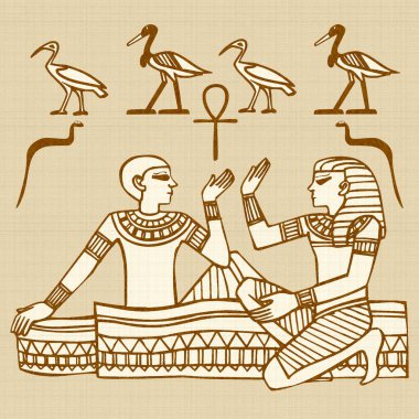 Mısır motifleri ve sembolleri, sepia, siyah ve altın sarısı renkleri ile desenli bir rustik zemine karşı sunulur. Eserler kare biçiminde biçimlendirildi.