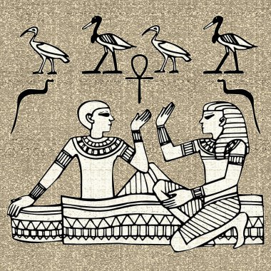 Mısır motifleri ve sembolleri, sepia, siyah ve altın sarısı renkleri ile desenli bir rustik zemine karşı sunulur. Eserler kare biçiminde biçimlendirildi.