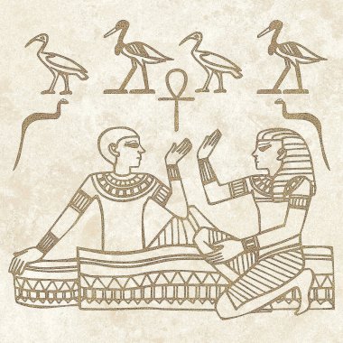 Mısır motifleri ve sembolleri, sepia, siyah ve altın sarısı renkleri ile desenli bir rustik zemine karşı sunulur. Eserler kare biçiminde biçimlendirildi.