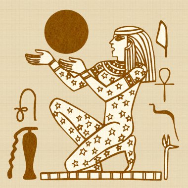 Mısır motifleri ve sembolleri, sepia, siyah ve altın sarısı renkleri ile desenli bir rustik zemine karşı sunulur. Eserler kare biçiminde biçimlendirildi.