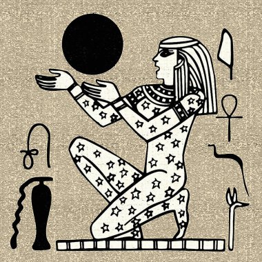 Mısır motifleri ve sembolleri, sepia, siyah ve altın sarısı renkleri ile desenli bir rustik zemine karşı sunulur. Eserler kare biçiminde biçimlendirildi.