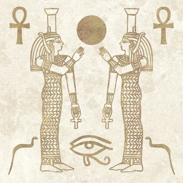 Mısır motifleri ve sembolleri, sepia, siyah ve altın sarısı renkleri ile desenli bir rustik zemine karşı sunulur. Eserler kare biçiminde biçimlendirildi.