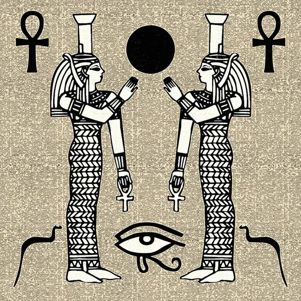 Mısır motifleri ve sembolleri, sepia, siyah ve altın sarısı renkleri ile desenli bir rustik zemine karşı sunulur. Eserler kare biçiminde biçimlendirildi.