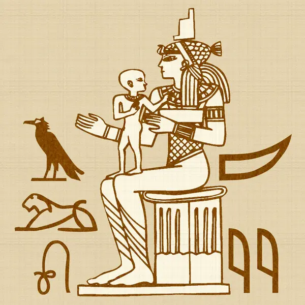 Mısır motifleri ve sembolleri, sepia, siyah ve altın sarısı renkleri ile desenli bir rustik zemine karşı sunulur. Eserler kare biçiminde biçimlendirildi.