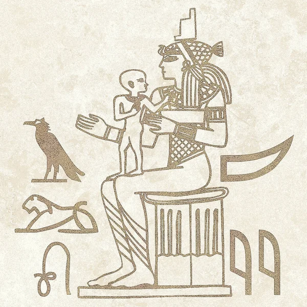 Mısır motifleri ve sembolleri, sepia, siyah ve altın sarısı renkleri ile desenli bir rustik zemine karşı sunulur. Eserler kare biçiminde biçimlendirildi.