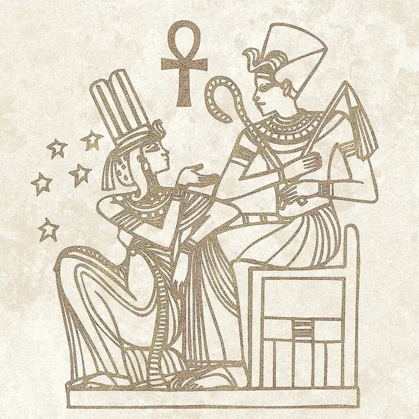 Mısır motifleri ve sembolleri, sepia, siyah ve altın sarısı renkleri ile desenli bir rustik zemine karşı sunulur. Eserler kare biçiminde biçimlendirildi.