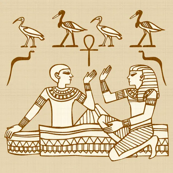 Mısır motifleri ve sembolleri, sepia, siyah ve altın sarısı renkleri ile desenli bir rustik zemine karşı sunulur. Eserler kare biçiminde biçimlendirildi.