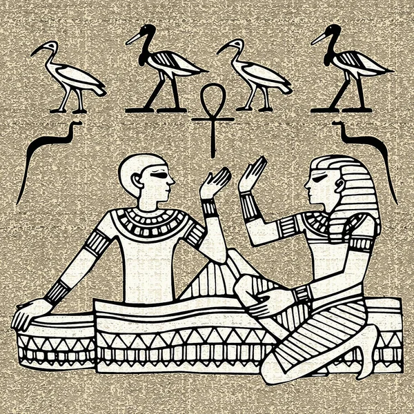 Mısır motifleri ve sembolleri, sepia, siyah ve altın sarısı renkleri ile desenli bir rustik zemine karşı sunulur. Eserler kare biçiminde biçimlendirildi.