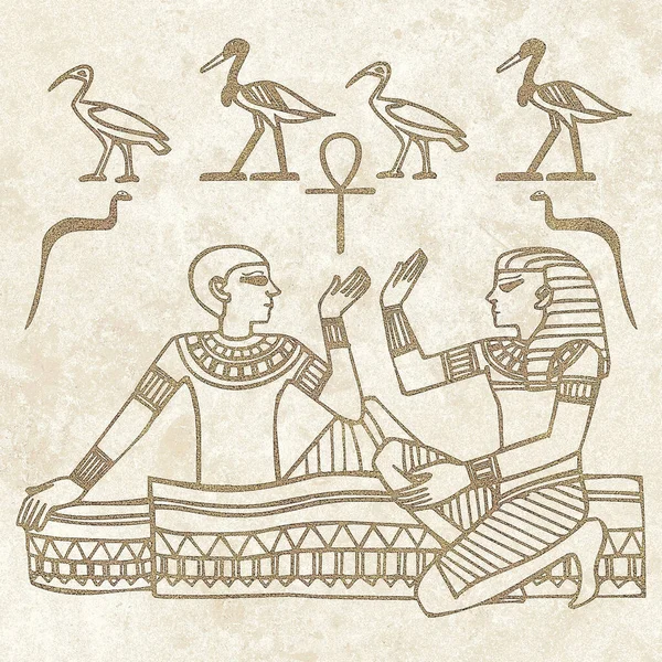 Mısır motifleri ve sembolleri, sepia, siyah ve altın sarısı renkleri ile desenli bir rustik zemine karşı sunulur. Eserler kare biçiminde biçimlendirildi.