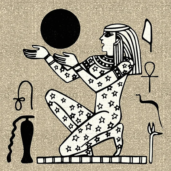 Mısır motifleri ve sembolleri, sepia, siyah ve altın sarısı renkleri ile desenli bir rustik zemine karşı sunulur. Eserler kare biçiminde biçimlendirildi.