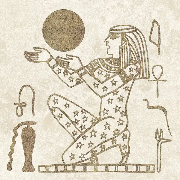 Mısır motifleri ve sembolleri, sepia, siyah ve altın sarısı renkleri ile desenli bir rustik zemine karşı sunulur. Eserler kare biçiminde biçimlendirildi.