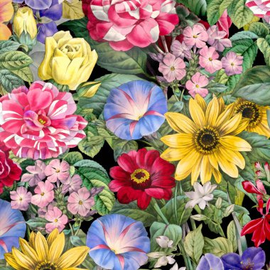 Renkli Çiçekler. Çiçek Tasarımı. Siyah arka planda canlı renklerle süslü suluboya. Kare biçim için ideal.