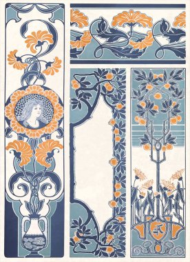 Art Nouveau tarzında canlı bir çiçek tasarımı. Kırsal bej arka planda desenli suluboya.