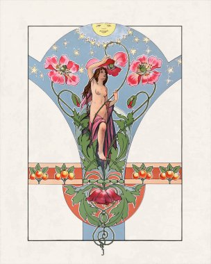 Art Nouveau tarzında canlı bir çiçek tasarımı. Kırsal bej arka planda desenli suluboya.