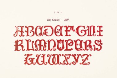 Antika dekoratif alfabe çizimi. Antik ve ortaçağ dekoratif alfabesinin, baş harflerin ve monogramların yer aldığı bir 19. yüzyıl kitabının plakası. Yaklaşık 1863.