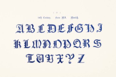 Antika dekoratif alfabe çizimi. Antik ve ortaçağ dekoratif alfabesinin, baş harflerin ve monogramların yer aldığı bir 19. yüzyıl kitabının plakası. Yaklaşık 1863.