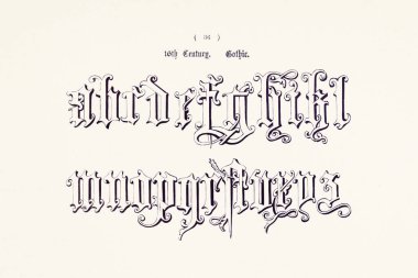 Antika dekoratif alfabe çizimi. Antik ve ortaçağ dekoratif alfabesinin, baş harflerin ve monogramların yer aldığı bir 19. yüzyıl kitabının plakası. Yaklaşık 1863.