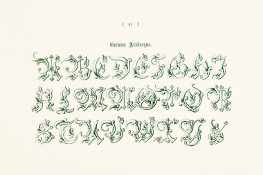 Antika dekoratif alfabe çizimi. Antik ve ortaçağ dekoratif alfabesinin, baş harflerin ve monogramların yer aldığı bir 19. yüzyıl kitabının plakası. Yaklaşık 1863.