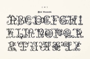 Antika dekoratif alfabe çizimi. Antik ve ortaçağ dekoratif alfabesinin, baş harflerin ve monogramların yer aldığı bir 19. yüzyıl kitabının plakası. Yaklaşık 1863.