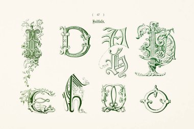 Antika dekoratif alfabe çizimi. Antik ve ortaçağ dekoratif alfabesinin, baş harflerin ve monogramların yer aldığı bir 19. yüzyıl kitabının plakası. Yaklaşık 1863.