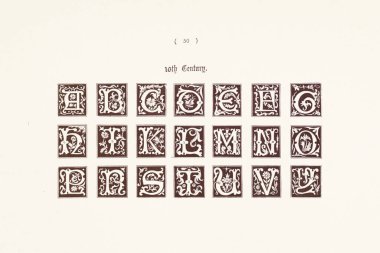 Antika dekoratif alfabe çizimi. Antik ve ortaçağ dekoratif alfabesinin, baş harflerin ve monogramların yer aldığı bir 19. yüzyıl kitabının plakası. Yaklaşık 1863.